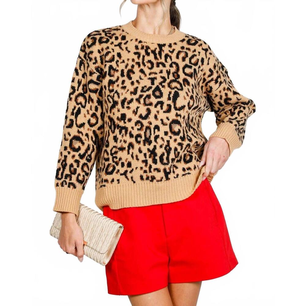 NEW VINE & LOVE trim jacquard sweater in leopard
